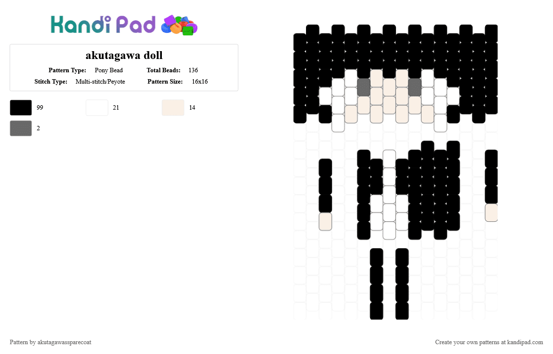 akutagawa doll - Pony Bead Pattern by akutagawassparecoat on Kandi Pad - black, white