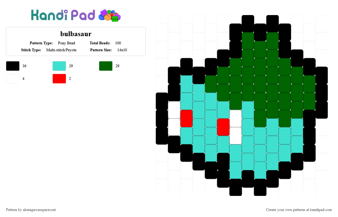 bulbasaur - Pony Bead Pattern by akutagawassparecoat on Kandi Pad - light blue,green