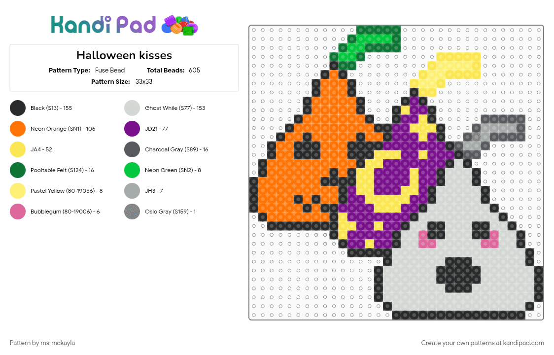 Halloween kisses - Fuse Bead Pattern by ms-mckayla on Kandi Pad - orange, pink, yellow