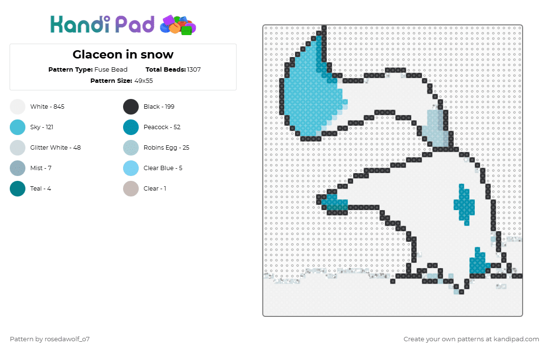Glaceon in snow - Fuse Bead Pattern by rosedawolf_o7 on Kandi Pad - white,light blue,pokemon,glaceon,blue,eeveelution