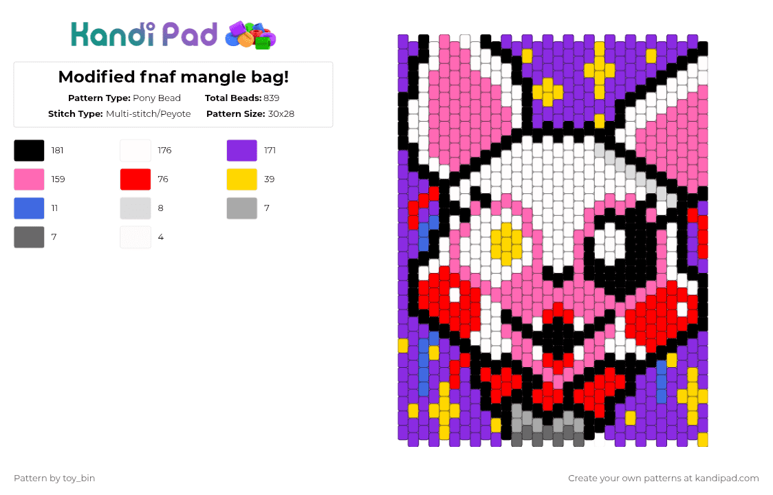 Modified fnaf mangle bag! - Pony Bead Pattern by toy_bin on Kandi Pad - red,pink,purple