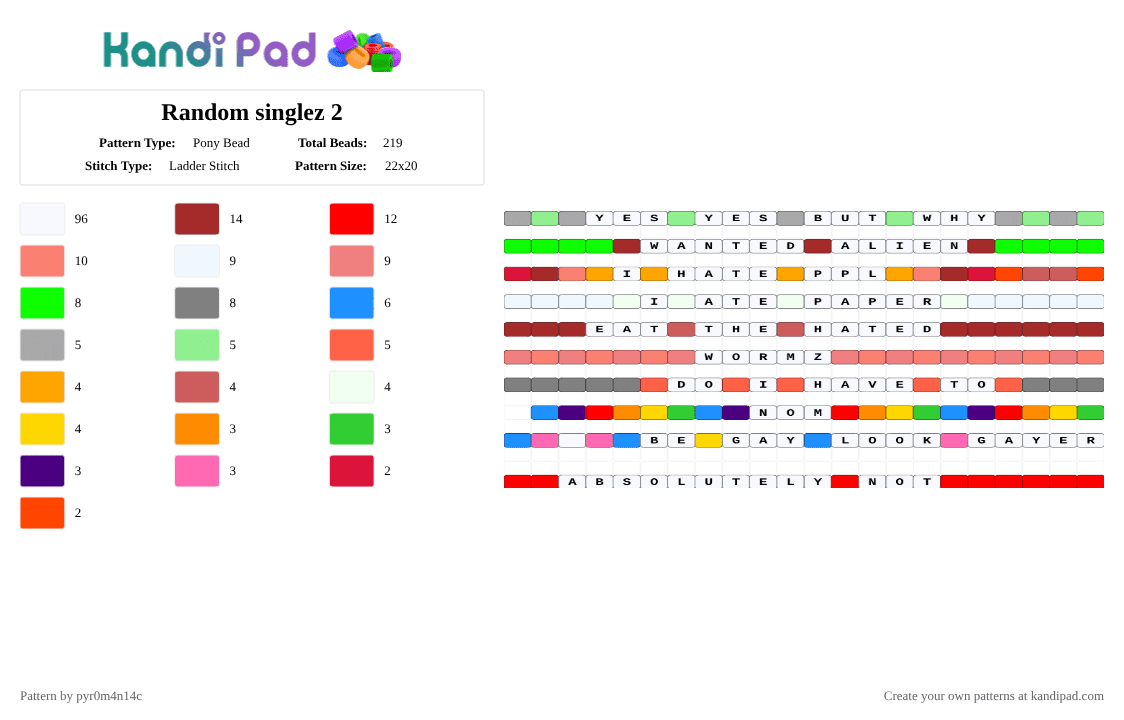 Random singlez 2 - Pony Bead Pattern by pyr0m4n14c on Kandi Pad - white,green,red,orange