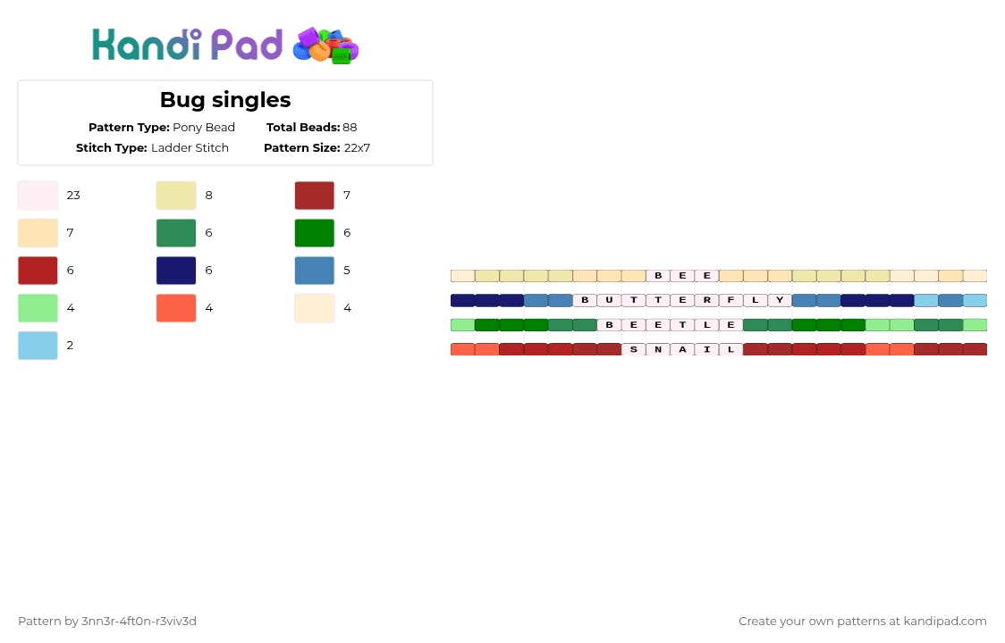 Bug singles - Pony Bead Pattern by pyr0m4n14c on Kandi Pad - green,red,beige,yellow,bugs,beetle,bee,snail,butterfly,insect,nature,single