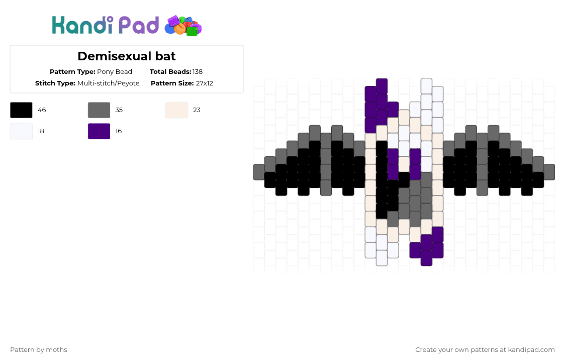 Demisexual bat - Pony Bead Pattern by pyr0m4n14c on Kandi Pad - gray,purple,pride,lgbtqia,lgbt,bat,demisexual