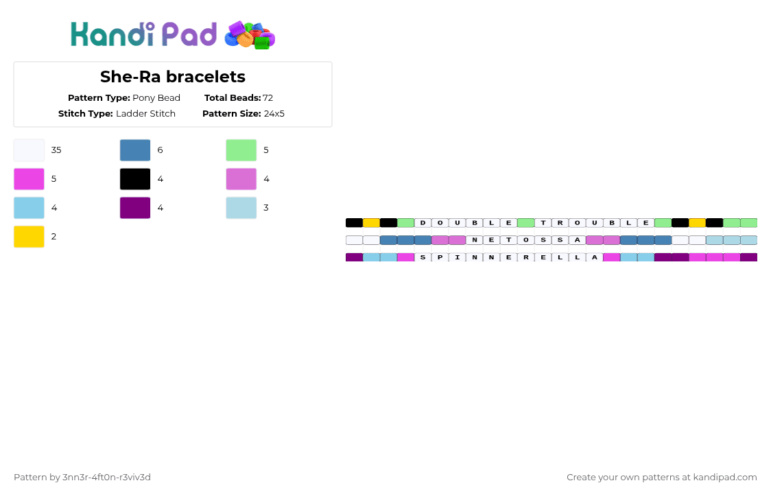 She-Ra bracelets - Pony Bead Pattern by pyr0m4n14c on Kandi Pad - white,pink,light blue,shera,double trouble,netossa,spinneralla,multicolored,single