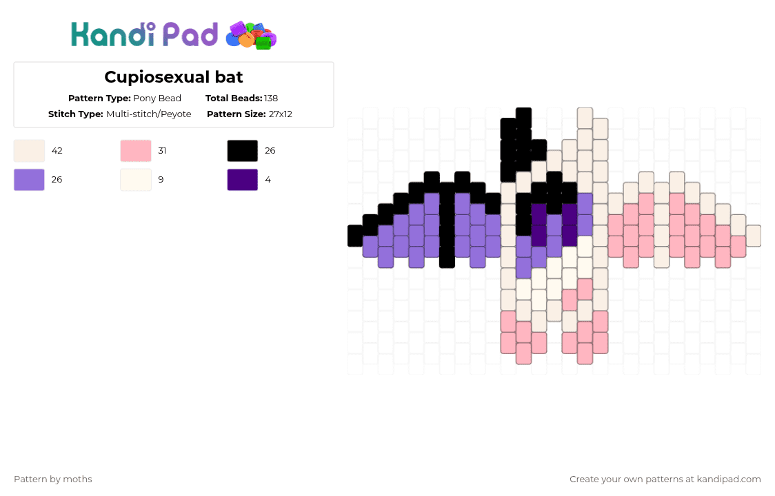Cupiosexual bat - Pony Bead Pattern by pyr0m4n14c on Kandi Pad - purple,pink,pride,lgbtqia,lgbt,bat