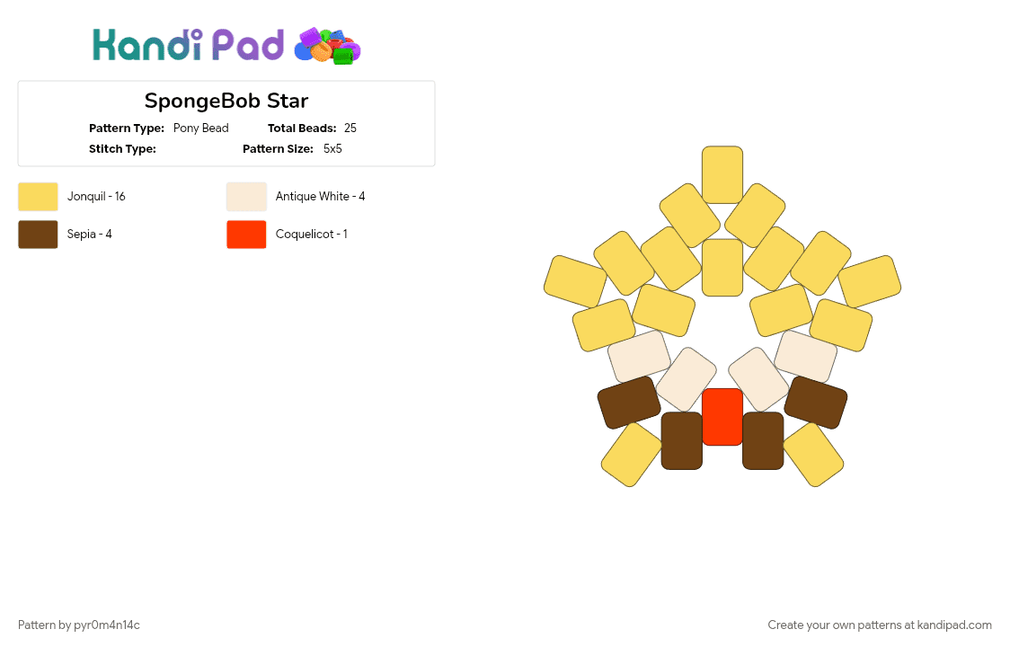 SpongeBob Star - Pony Bead Pattern by pyr0m4n14c on Kandi Pad - multicolored, spongebob, spongebob squarepants, star, yellow