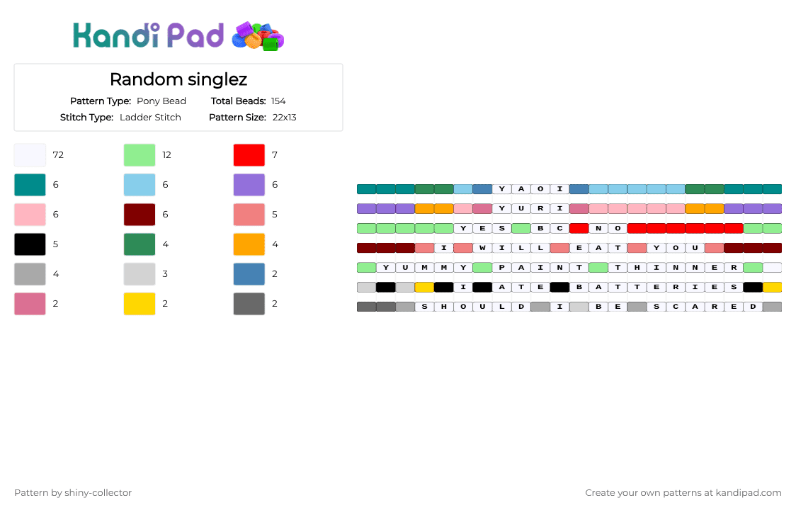 Random singlez - Pony Bead Pattern by pyr0m4n14c on Kandi Pad - white,teal,purple,red,colorful,singles