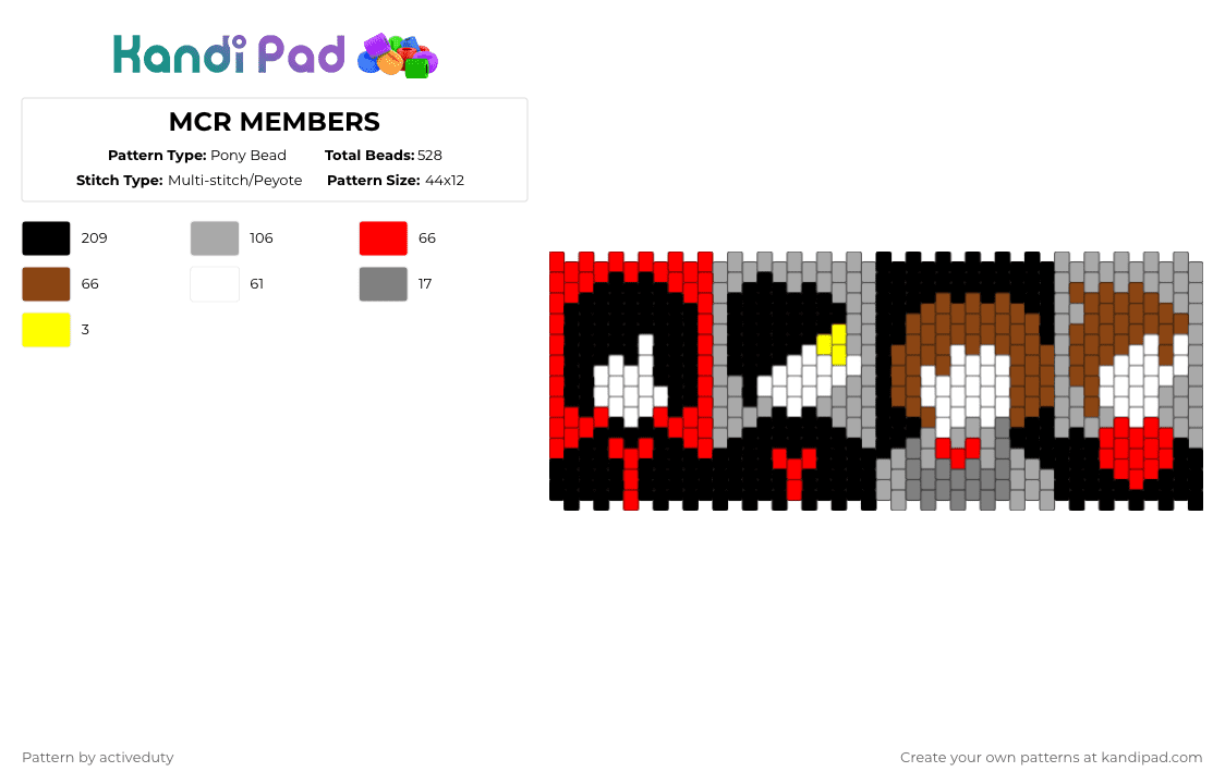 MCR MEMBERS - Pony Bead Pattern by activeduty on Kandi Pad - red,beige,mcr,music,gerard way,frank iero,mikey way,ray toro,my chemical romance,emo