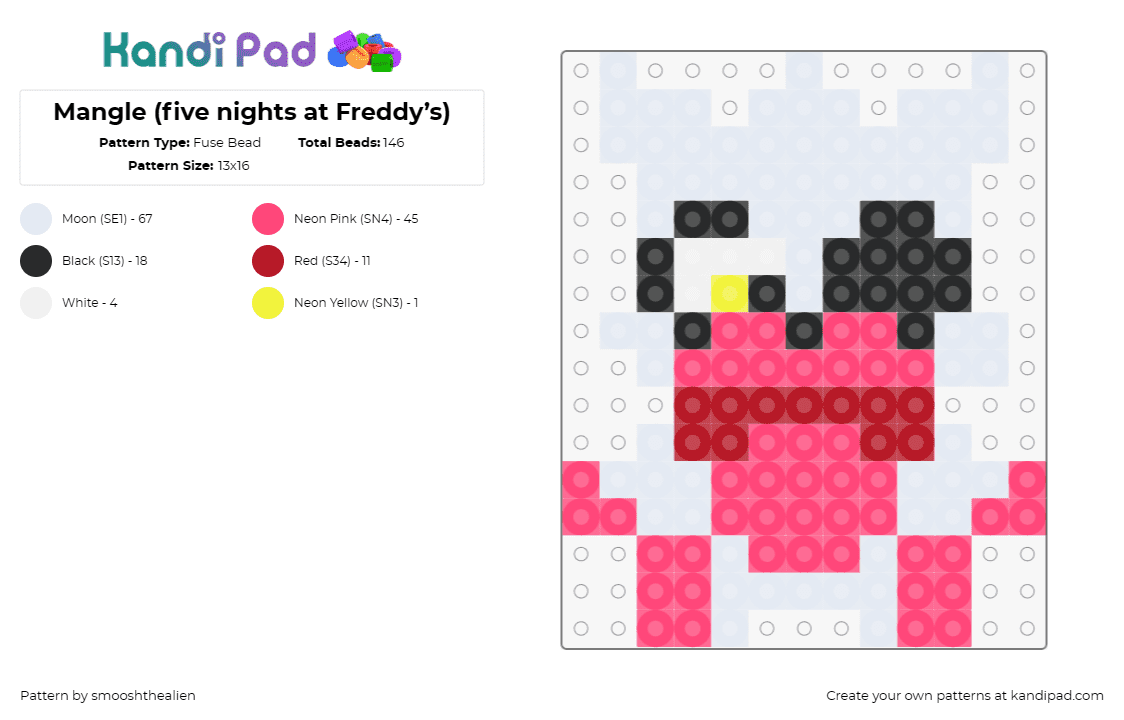 Mangle (five nights at Freddy’s) - Fuse Bead Pattern by smooshthealien on Kandi Pad - mangle,five nights at freddys,fnaf,character,video game,robot,animatronic,pink