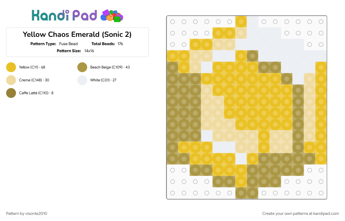 Yellow Chaos Emerald (Sonic 2) - Fuse Bead Pattern by visonte2010 on Kandi Pad - chaos emerald, emerald, gem, gold, sega, sonic the hedgehog, video game, yellow