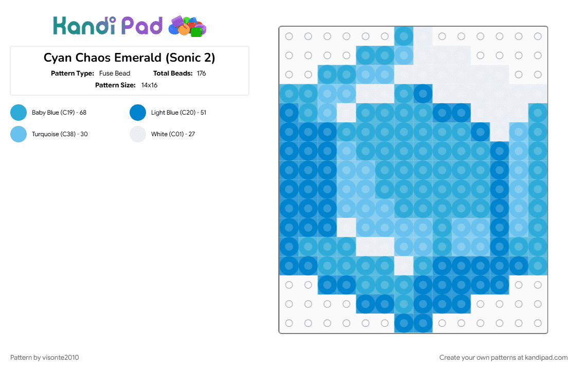 Cyan Chaos Emerald (Sonic 2) - Fuse Bead Pattern by visonte2010 on Kandi Pad - blue, chaos emerald, cyan, emerald, gem, light blue, sega, sonic the hedgehog, video game