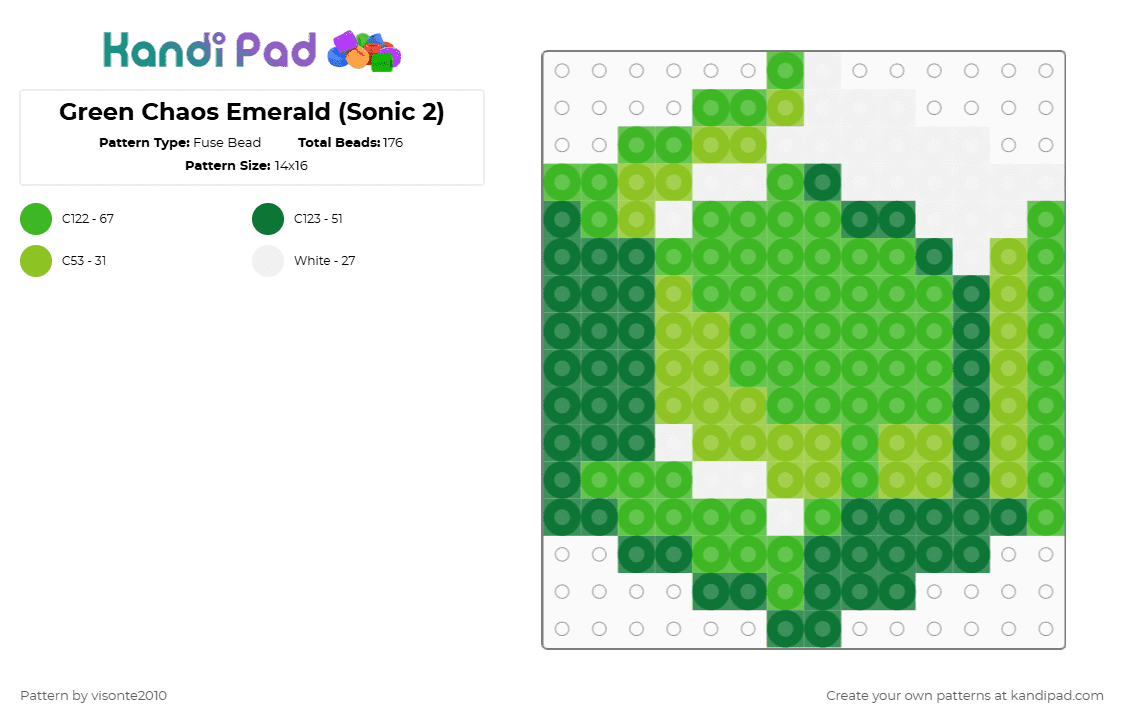 Green Chaos Emerald (Sonic 2) - Fuse Bead Pattern by visonte2010 on Kandi Pad - green,chaos emerald,sonic the hedgehog,emerald,gem,video game,sega