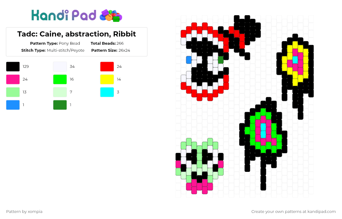 Tadc: Caine, abstraction, Ribbit - Pony Bead Pattern by xompia on Kandi Pad - black,red,pink,teal,colorful,tadc,the amazing digital circus