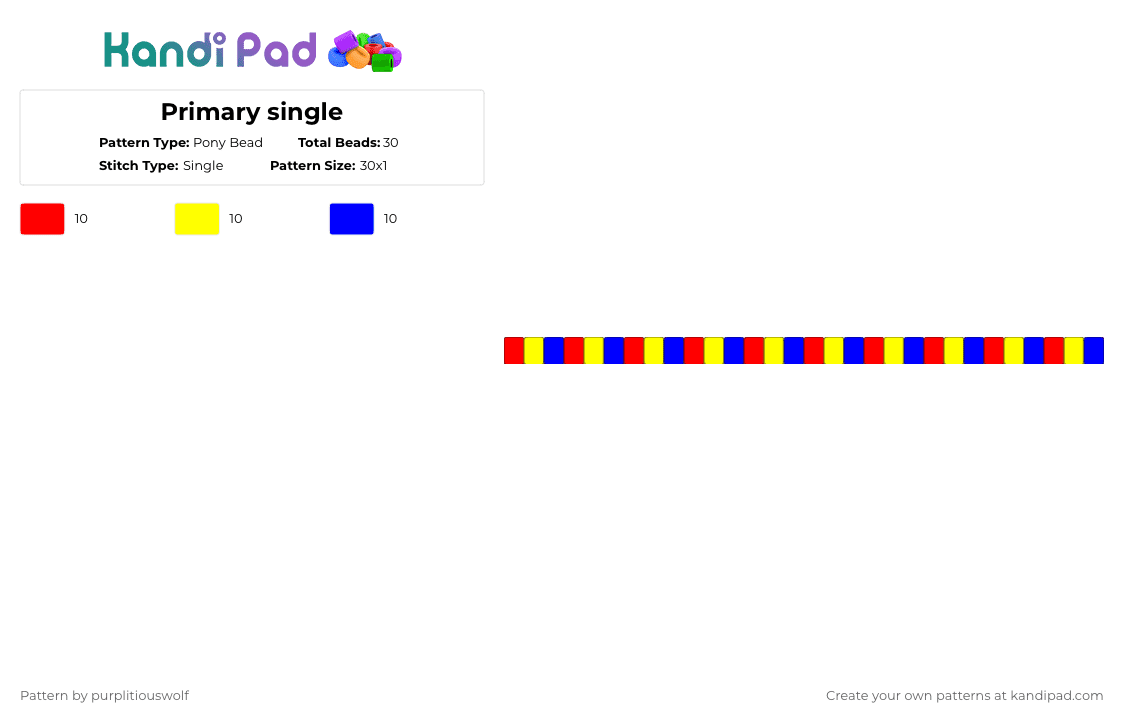 Primary single - Pony Bead Pattern by purplitiouswolf on Kandi Pad - red,yellow,purple