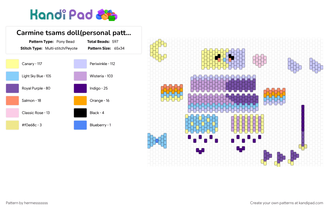 Carmine tsams doll(personal pattern) - Pony Bead Pattern by hermesssssss on Kandi Pad - light blue, pink, purple, yellow