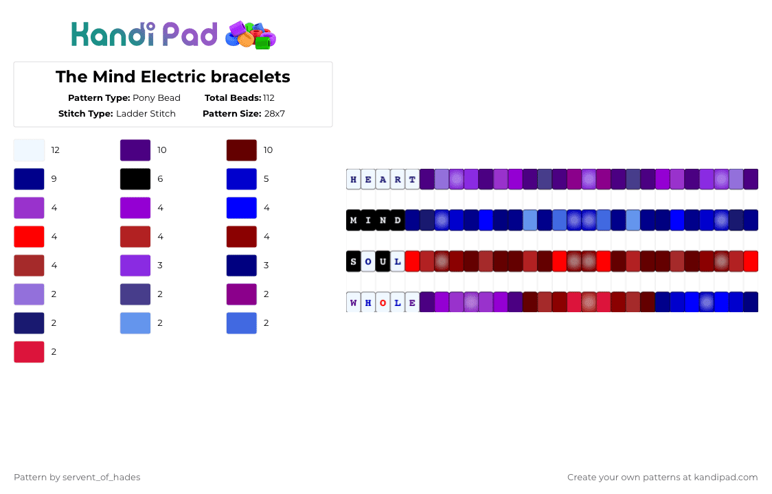 The Mind Electric bracelets - Pony Bead Pattern by servent_of_hades on Kandi Pad - purple,red,chonny jash,music,character,mind,heart,soul,whole,singles