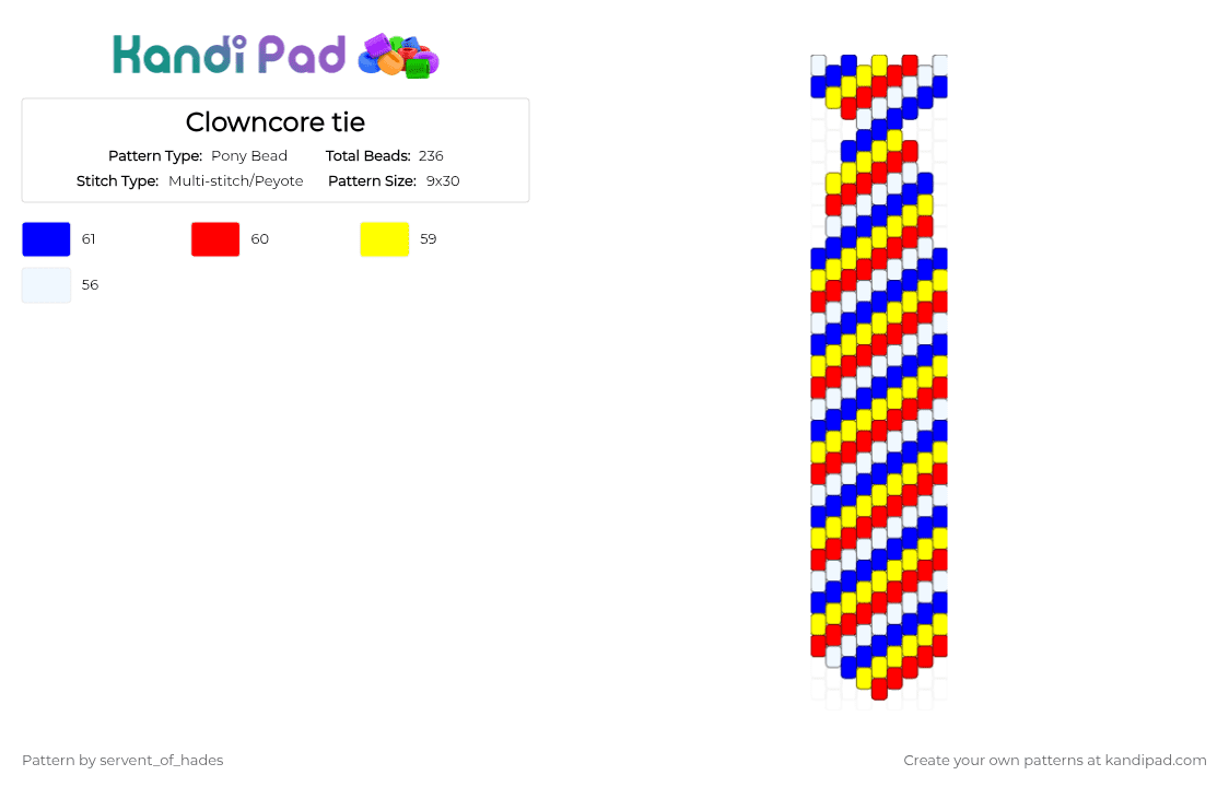 Clowncore tie - Pony Bead Pattern by servent_of_hades on Kandi Pad - purple, red, yellow