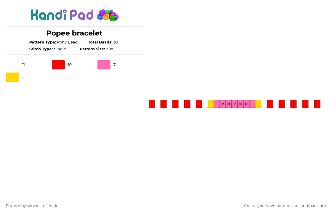 Popee bracelet - Pony Bead Pattern by servent_of_hades on Kandi Pad - red,pink,single,bracelet,character,popee,popee the performer,show,animation