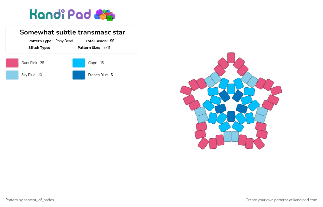 Somewhat subtle transmasc star - Pony Bead Pattern by servent_of_hades on Kandi Pad - gender, light blue, pink, pride, trans