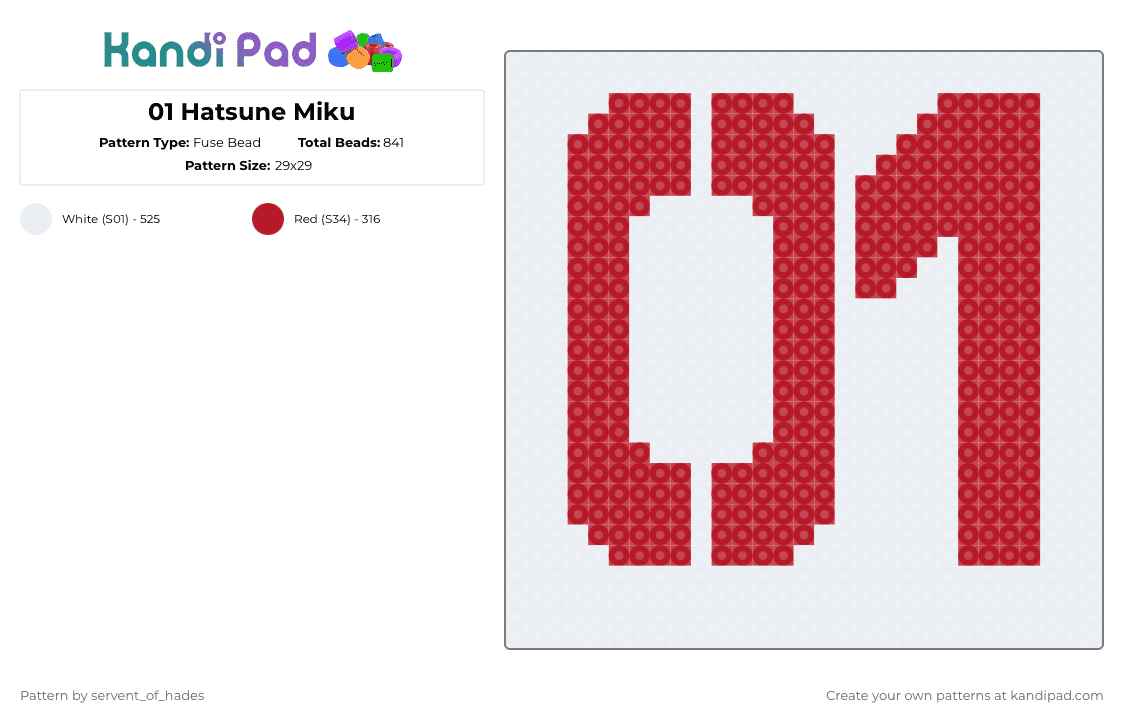 01 Hatsune Miku - Fuse Bead Pattern by servent_of_hades on Kandi Pad - red,white,hatsune miku,miku,music,vocaloid,number,basic