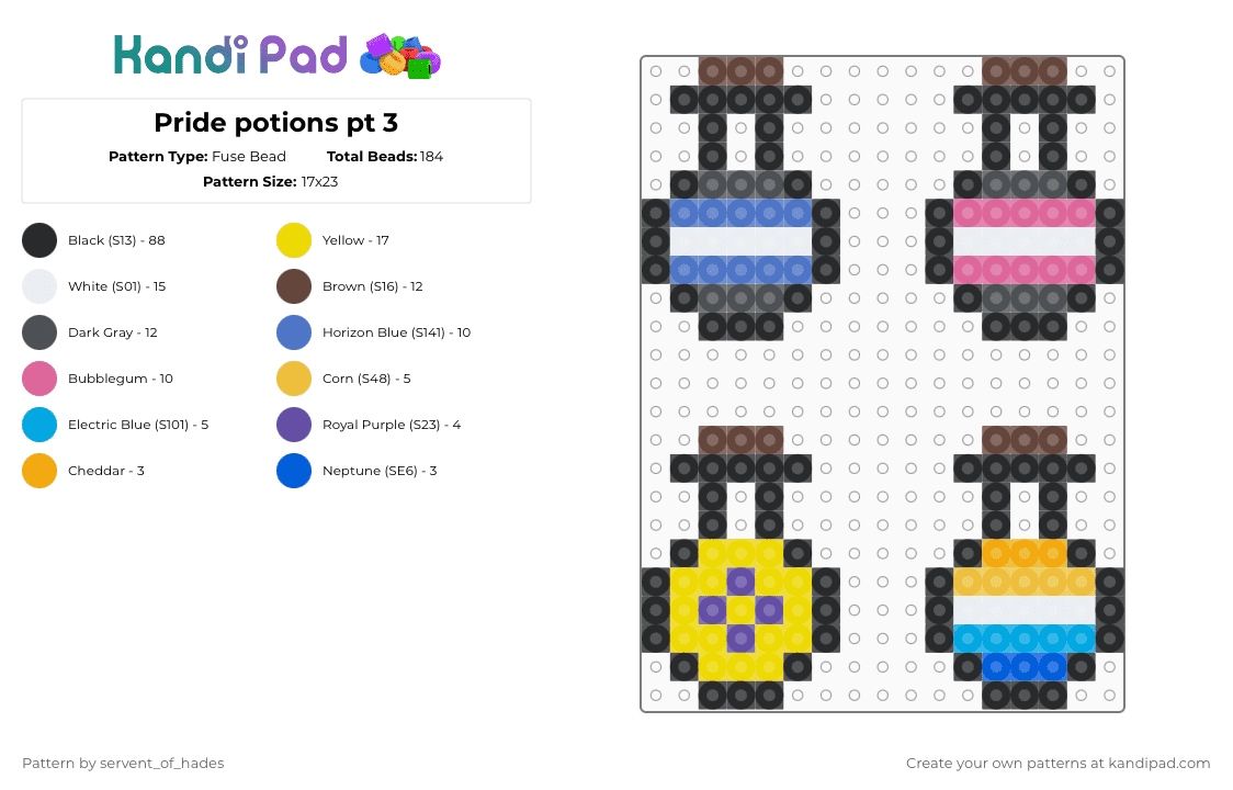 Pride potions pt 3 - Fuse Bead Pattern by servent_of_hades on Kandi Pad - black,gray,pink,colorful,pride,potions,demi boy,demi girl,intersex,aroace