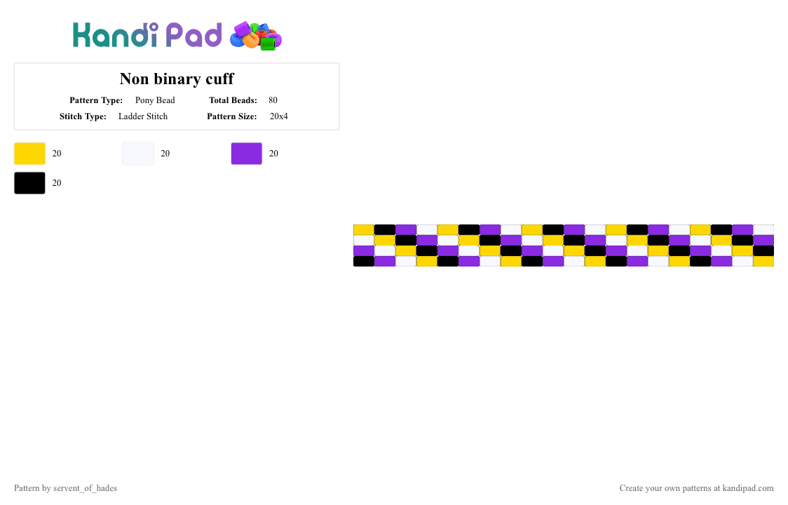 Non binary cuff - Pony Bead Pattern by servent_of_hades on Kandi Pad - yellow,purple,pride,non binary,pattern,enby