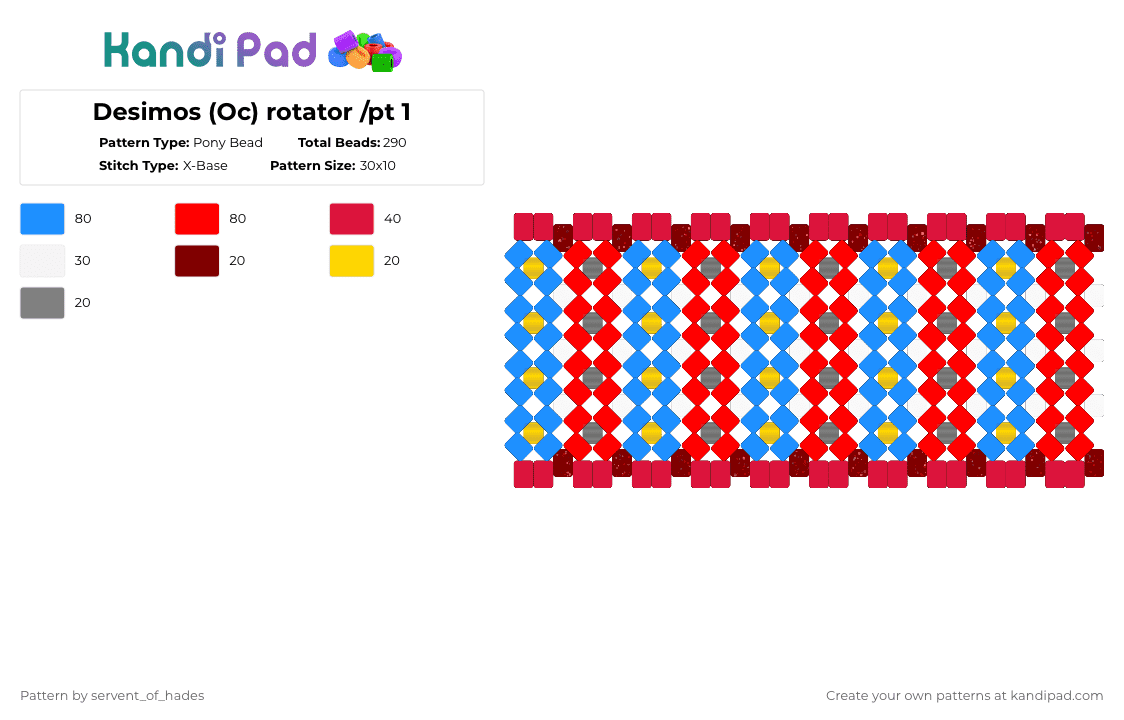 Desimos (Oc) rotator /pt 1 - Pony Bead Pattern by servent_of_hades on Kandi Pad - red,light blue,clown,rotator,jester,oc,clowncore