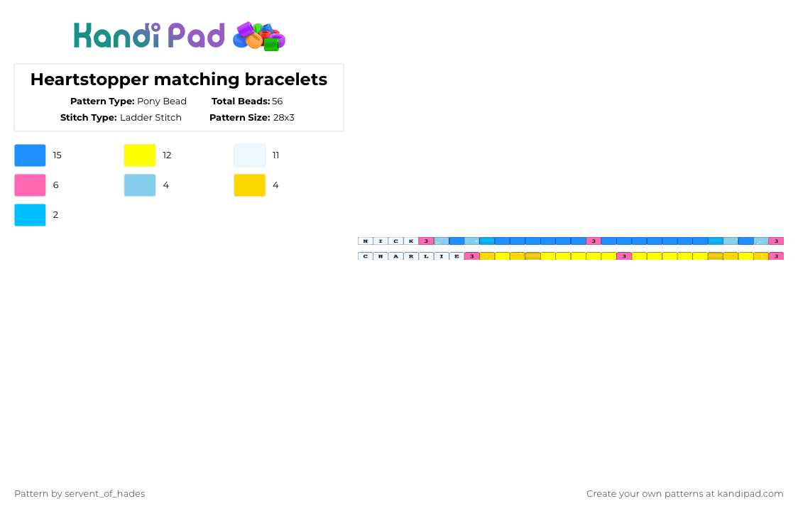 Heartstopper matching bracelets - Pony Bead Pattern by servent_of_hades on Kandi Pad - light blue,yellow,pride,heartstopper,nick,charlie,bracelet,blue,matching