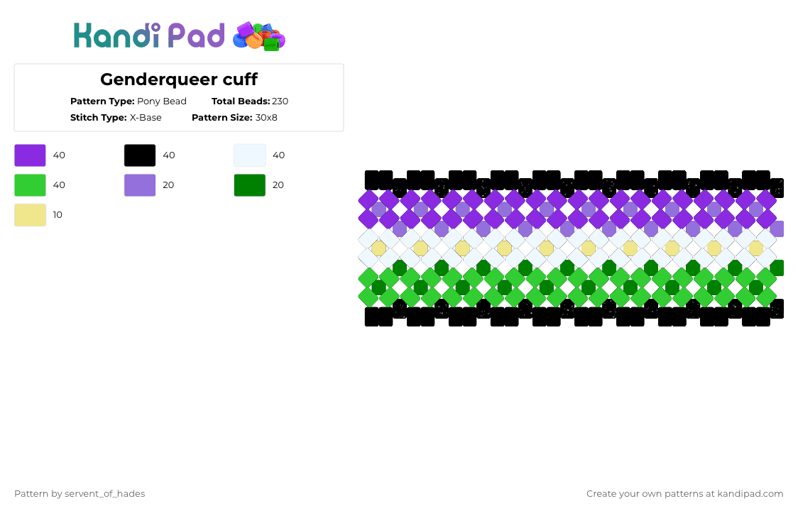 Genderqueer cuff - Pony Bead Pattern by servent_of_hades on Kandi Pad - purple,green,genderqueer,pride,cuff