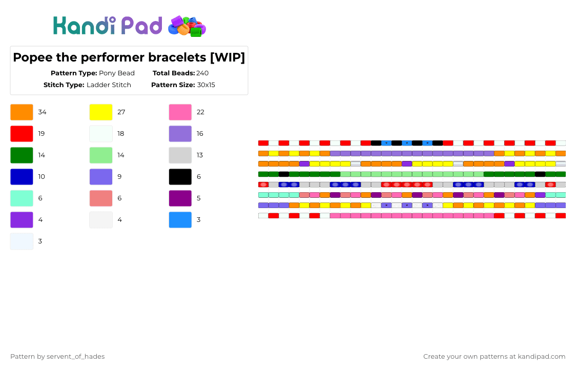 Popee the performer bracelets [WIP] - Pony Bead Pattern by servent_of_hades on Kandi Pad - orange,yellow,teal,colorful,show,cartoon,popee the performer,character,adult animation,singles,bracelets