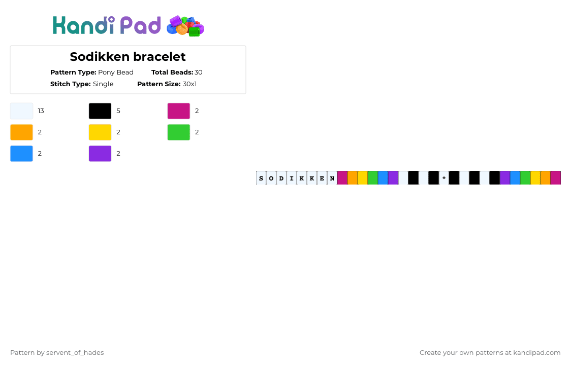 Sodikken bracelet - Pony Bead Pattern by servent_of_hades on Kandi Pad - white,orange,green,purple,colorful,sodikken,music,character,band,bracelet,rainbow,black