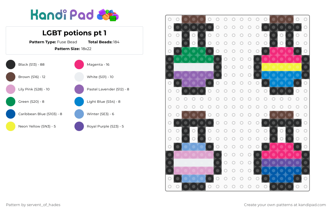LGBT potions pt 1 - Fuse Bead Pattern by servent_of_hades on Kandi Pad - black,brown,pink,blue,lgbt,pride,potion,rainbow,simple