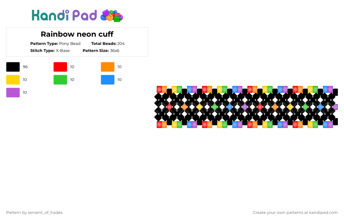 Rainbow neon cuff - Pony Bead Pattern by servent_of_hades on Kandi Pad - black,orange,green,pink,colorful,rainbow,neon,glow,cuff