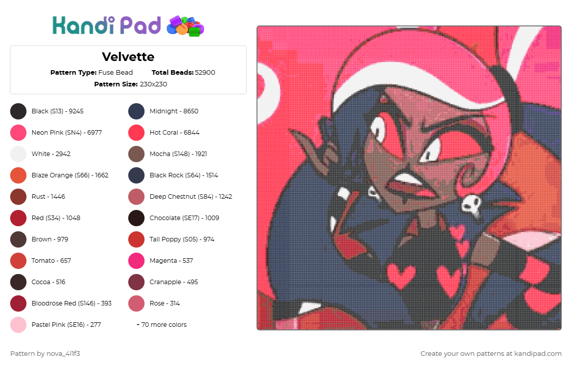 Velvette - Fuse Bead Pattern by nova_4l1f3 on Kandi Pad - red,purple