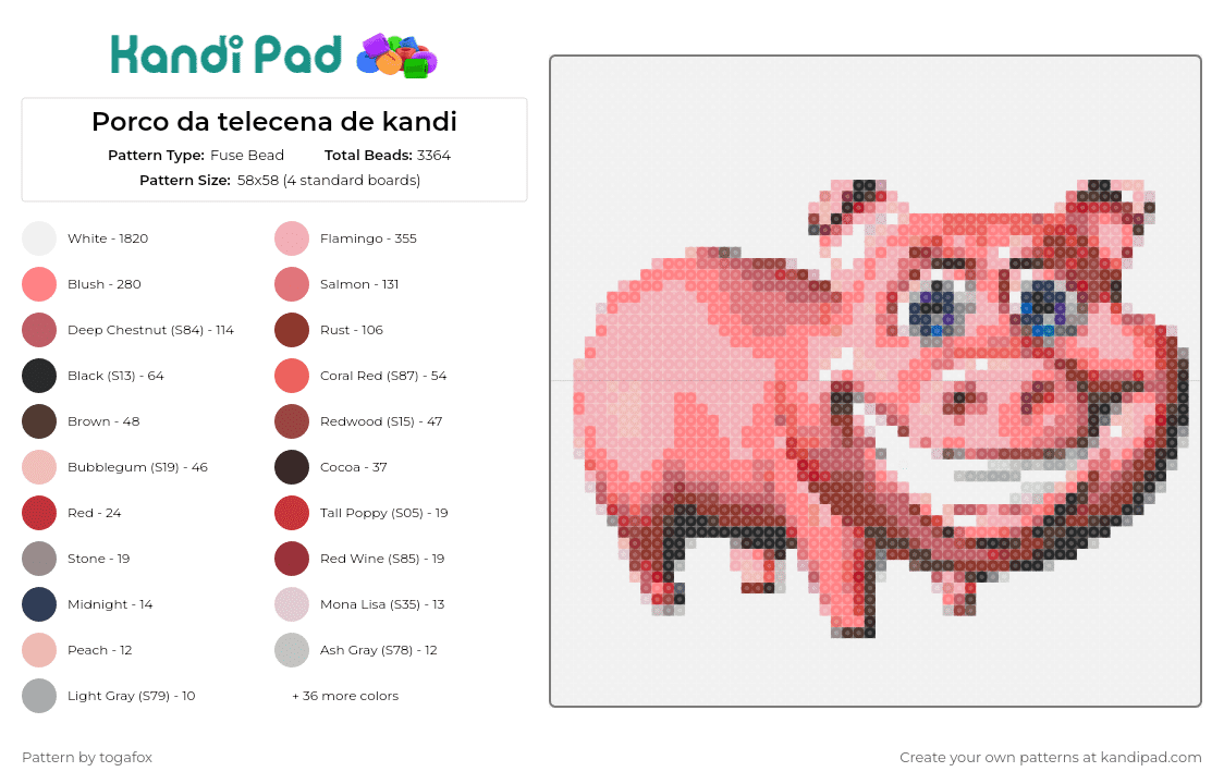 Porco da telecena de kandi - Fuse Bead Pattern by togafox on Kandi Pad - pig,smile,hog,animal,farm,cheerful,detailed,charm,collection,pink