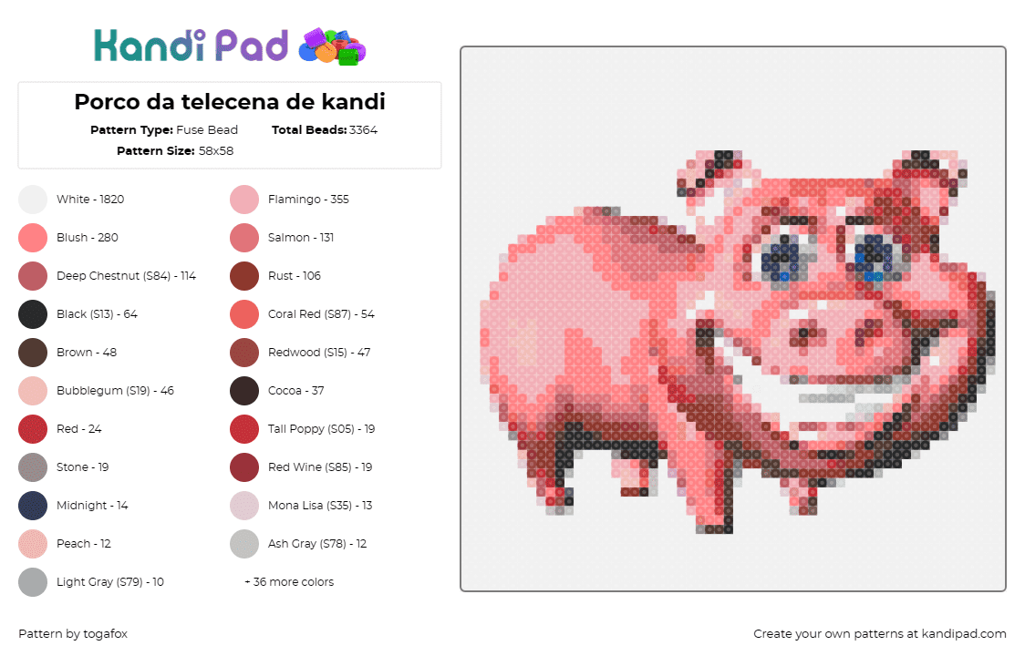 Porco da telecena de kandi - Fuse Bead Pattern by togafox on Kandi Pad - pig,smile,hog,animal,farm,cheerful,detailed,pink