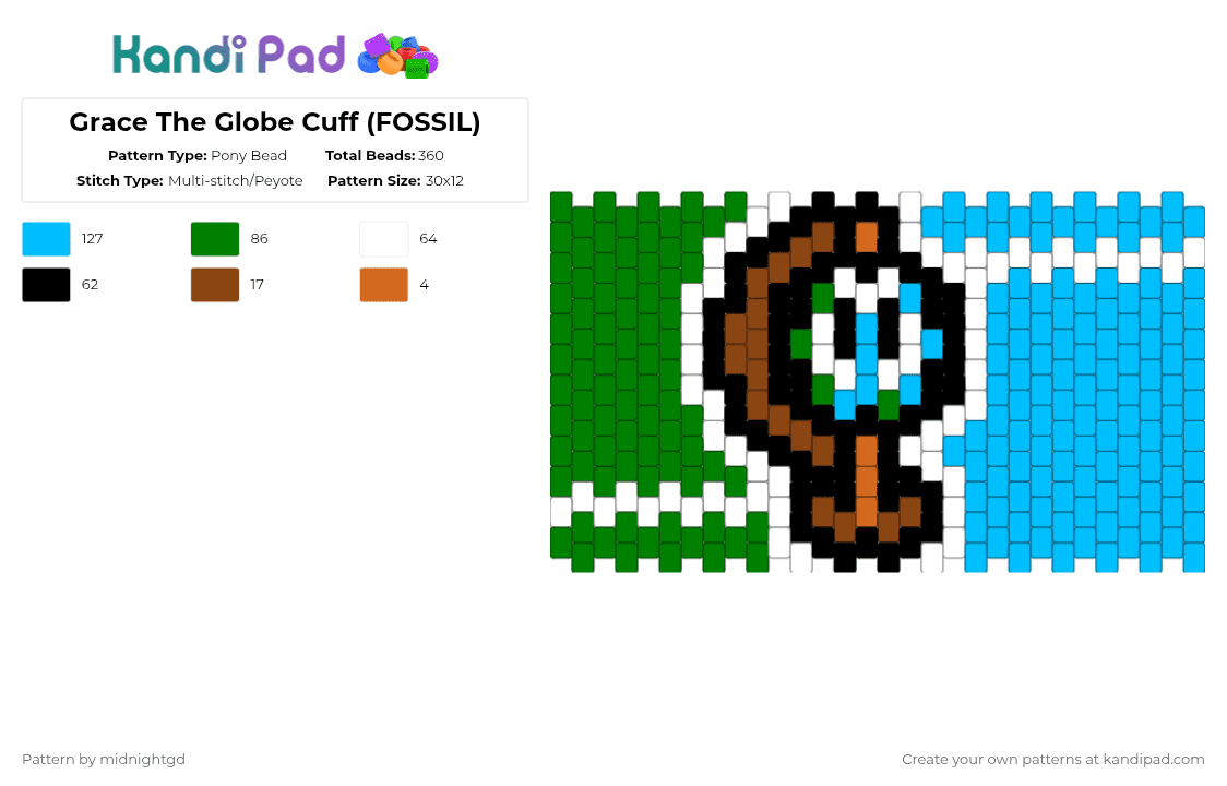 Grace The Globe Cuff (FOSSIL) - Pony Bead Pattern by midnightgd on Kandi Pad - green,light blue,osc,fossilosc,cuff