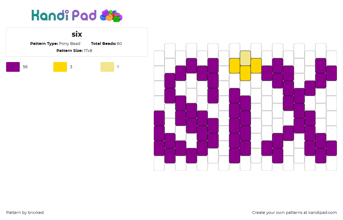 six - Pony Bead Pattern by brxxked on Kandi Pad - six,musical,text,number,striking,font,thematic,expressive,bold,purple