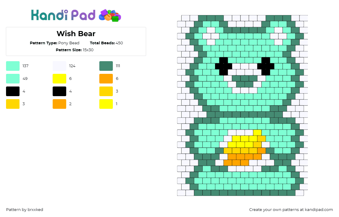 Wish Bear - Pony Bead Pattern by brxxked on Kandi Pad - wish bear,care bears,hopeful,spirit,dreams,wishes,embodiment,creation,teal,green