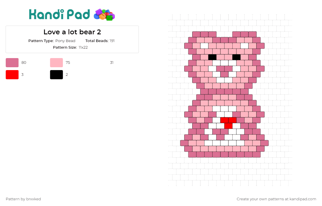 Love a lot bear 2 - Pony Bead Pattern by brxxked on Kandi Pad - ove a lot bear,care bears,affection,heart,belly badge,radiate,love,caring,fan art,nostalgia,pink