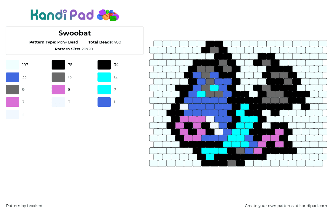 Swoobat - Pony Bead Pattern by brxxked on Kandi Pad - swoobat,pokemon,playful,whimsical,animated,creature,blue