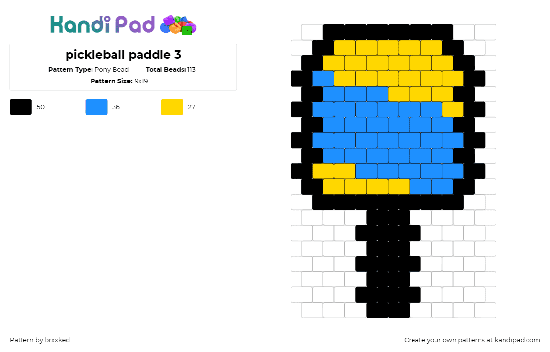 pickleball paddle 3 - Pony Bead Pattern by brxxked on Kandi Pad - paddle,pickleball,racket,sports,blue,yellow