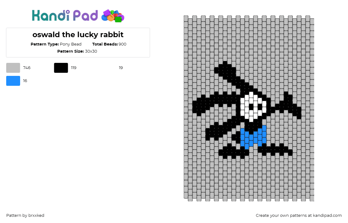 oswald the lucky rabbit - Pony Bead Pattern by brxxked on Kandi Pad - oswald,disney,panel,playful spirit,vintage,cartoon characters,animation,gray,bla