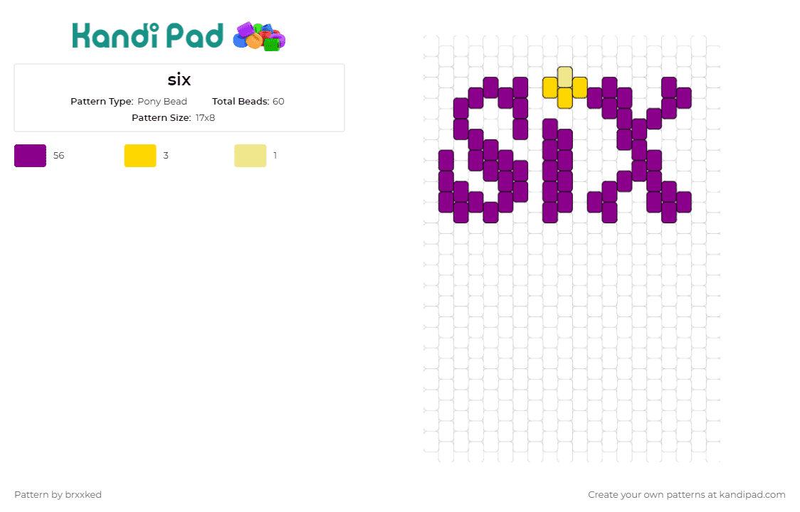 six - Pony Bead Pattern by brxxked on Kandi Pad - six,musical,text,number,striking,font,thematic,expressive,bold,purple
