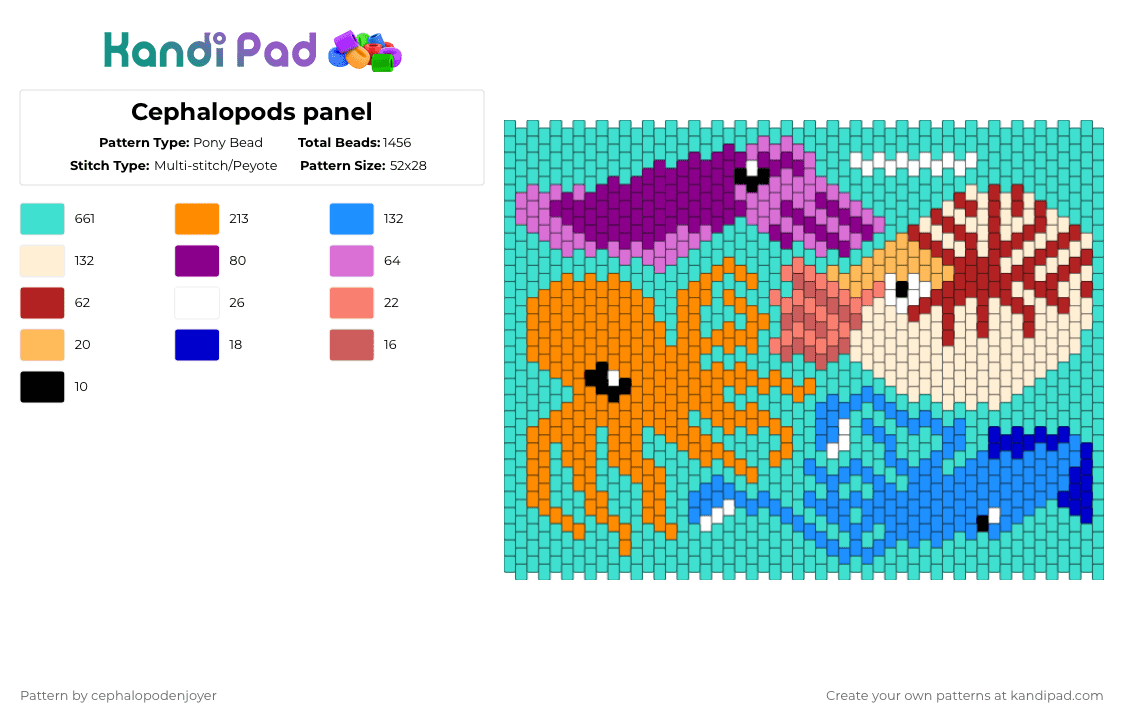 Cephalopods panel - Pony Bead Pattern by cephalopodenjoyer on Kandi Pad - light blue,orange,sea,octopus,squid,cuttlefish,cephalopods,ocean,marine life,marine biology