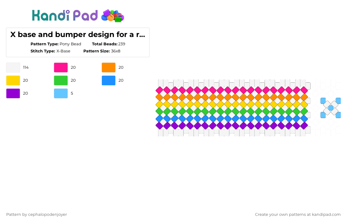 X base and bumper design for a rainbow and clouds themed rotator - Pony Bead Pattern by cephalopodenjoyer on Kandi Pad - white,orange,green,purple,colorful,rainbow,rotator cuff,rotator,clouds