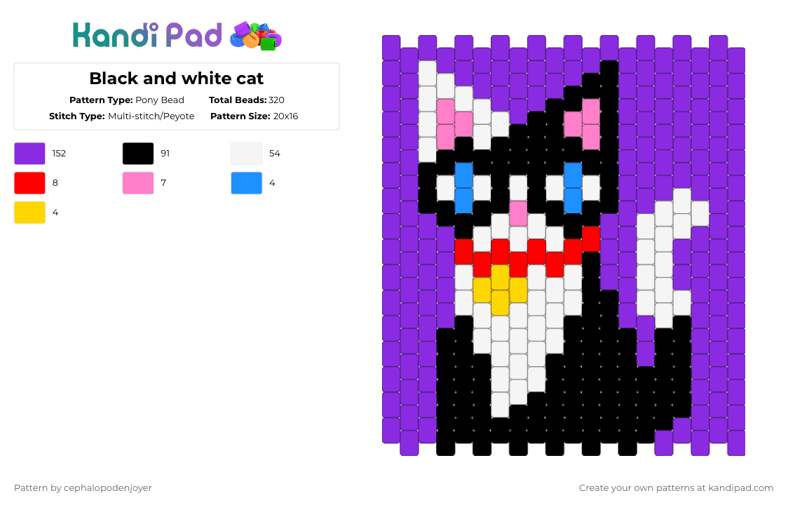 Black and white cat - Pony Bead Pattern by cephalopodenjoyer on Kandi Pad - purple,cat,animal