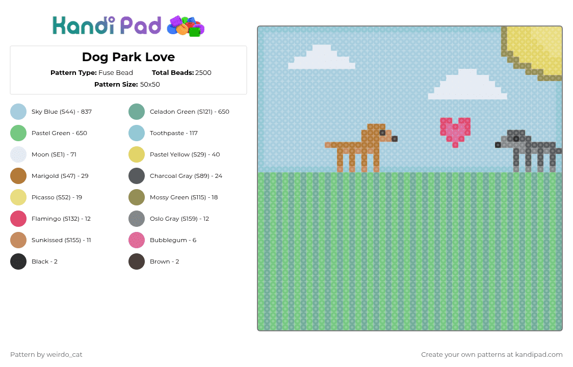 Dog Park Love - Fuse Bead Pattern by weirdo_cat on Kandi Pad - light blue,teal,dog,park,sun,grass,field,cute,love,heart