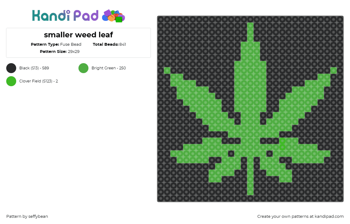 smaller weed leaf - Fuse Bead Pattern by seffybean on Kandi Pad - marijuana,pot,weed,leaf,420,green,black